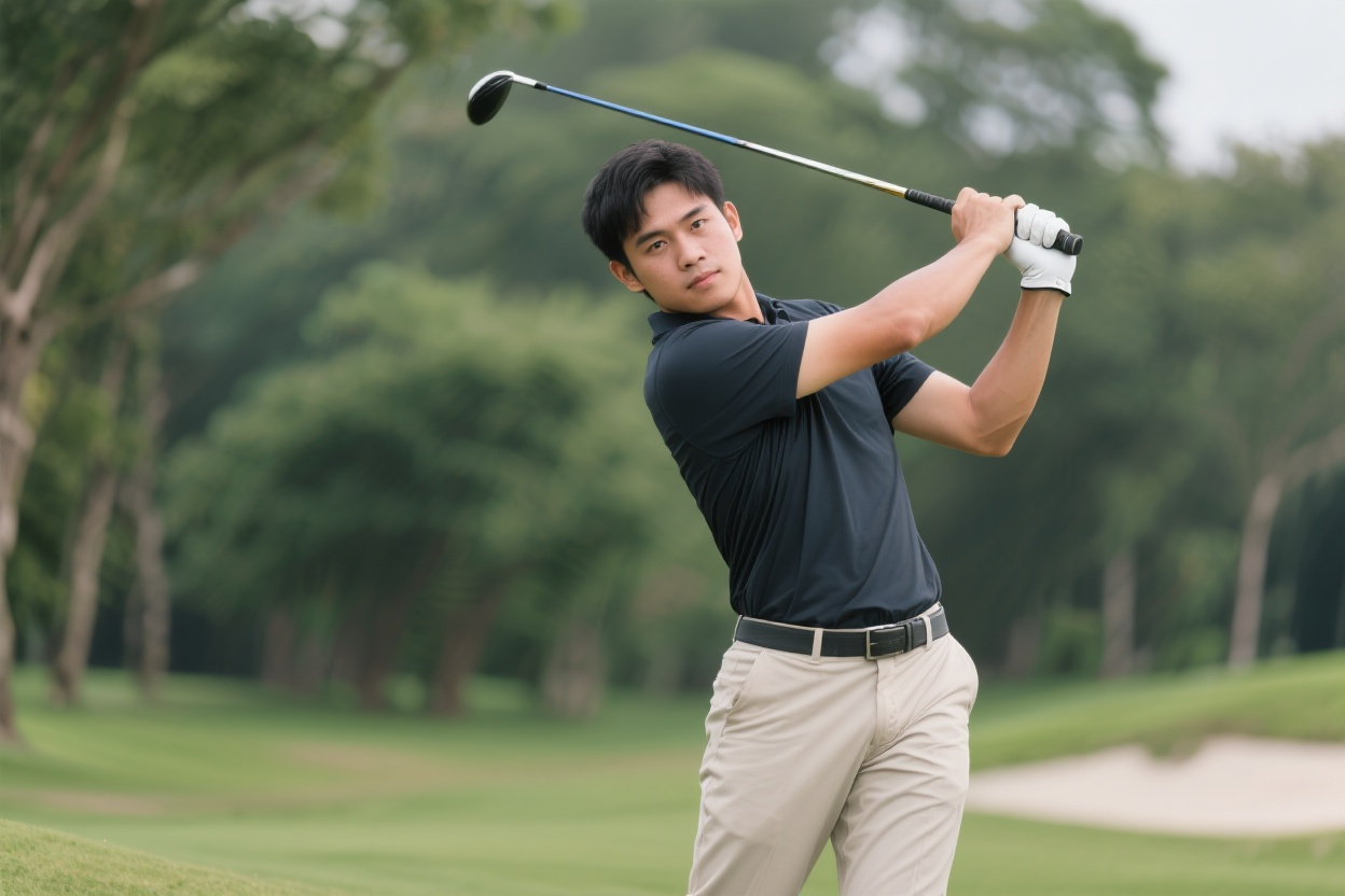 Professional Asian golfer demonstrating perfect swing technique and form