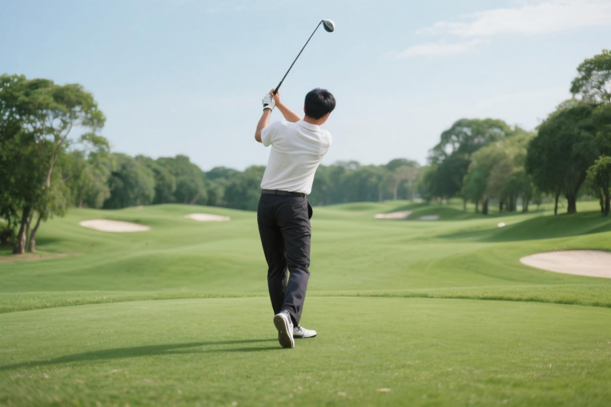 Asian golfer demonstrating perfect swing follow-through on a premium Singapore golf course